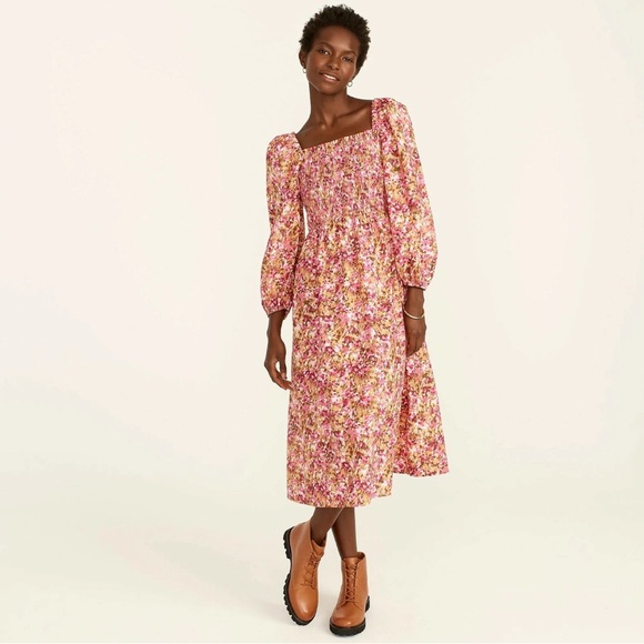 J. Crew Dresses & Skirts - J.Crew 2X Smocked puff-sleeve midi dress faded floral cottage core preppy fem